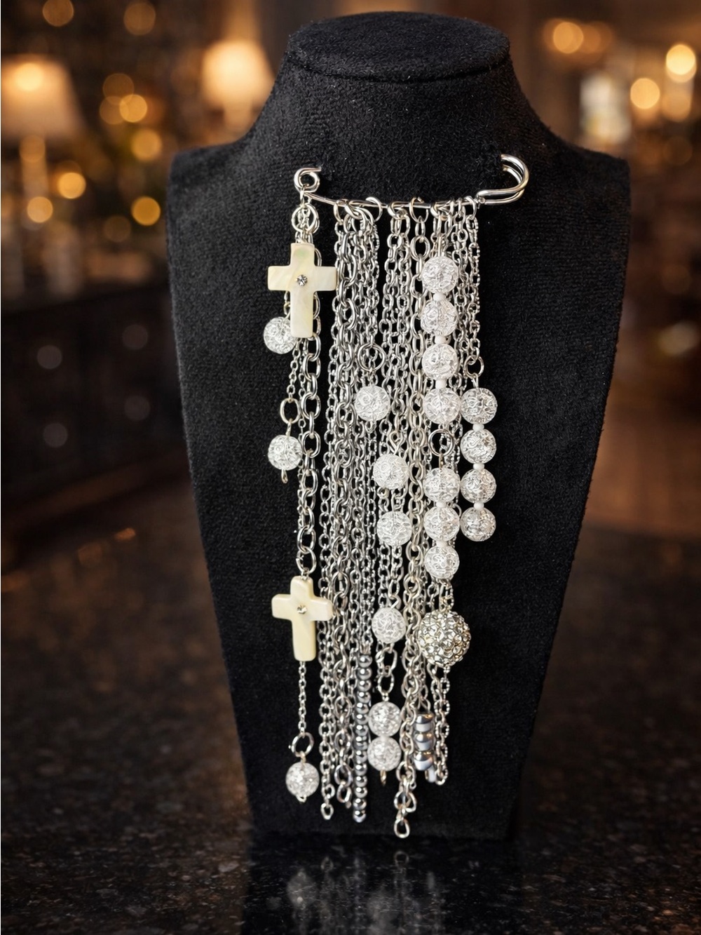 Handmade Silver Tone Chain Brooch Mother of Pearl Cross Statement Pin